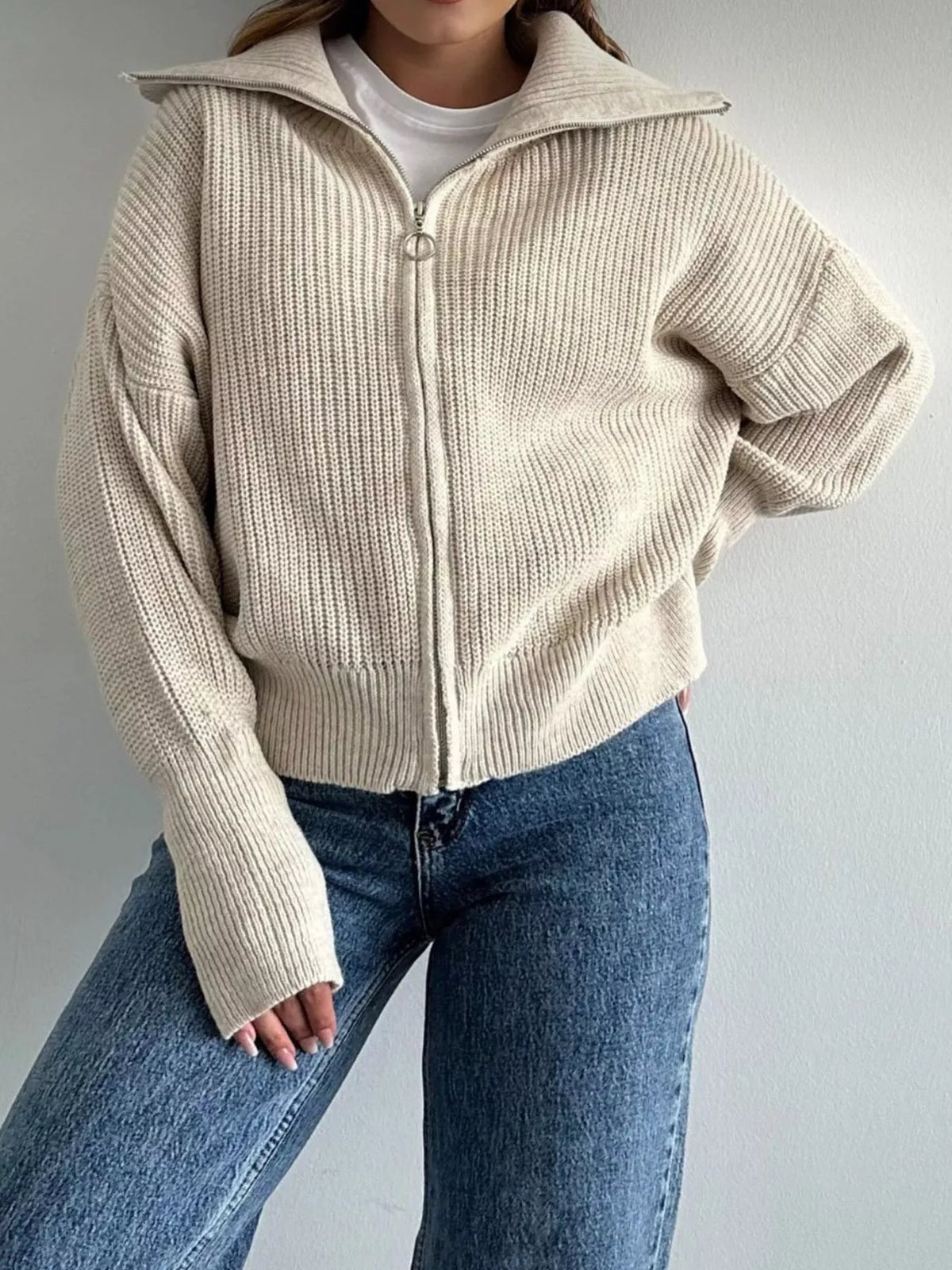 Zip Up Dropped Shoulder Cardigan - Lilixa.store