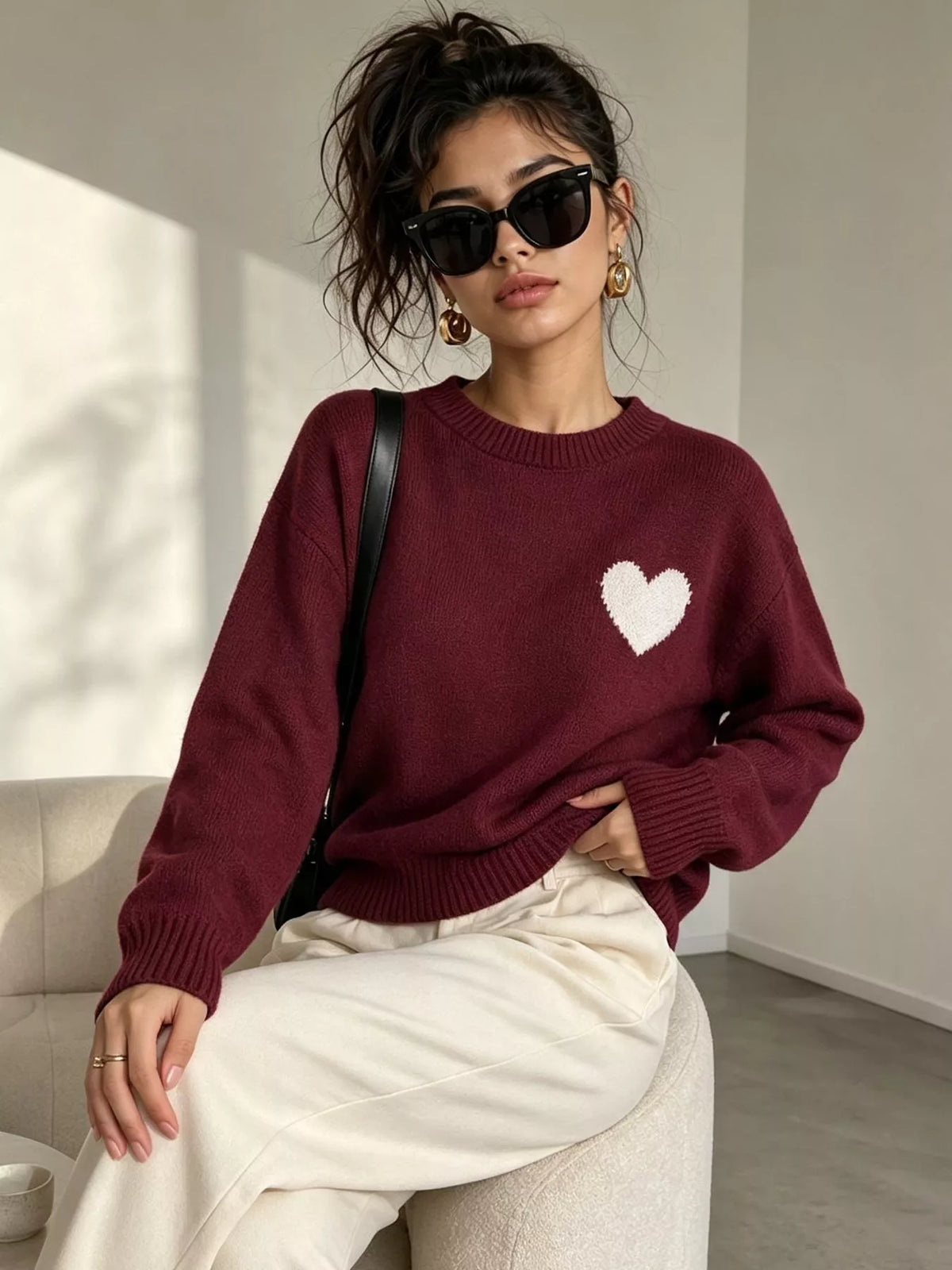 Heart Pattern Round Neck Sweater, view 7