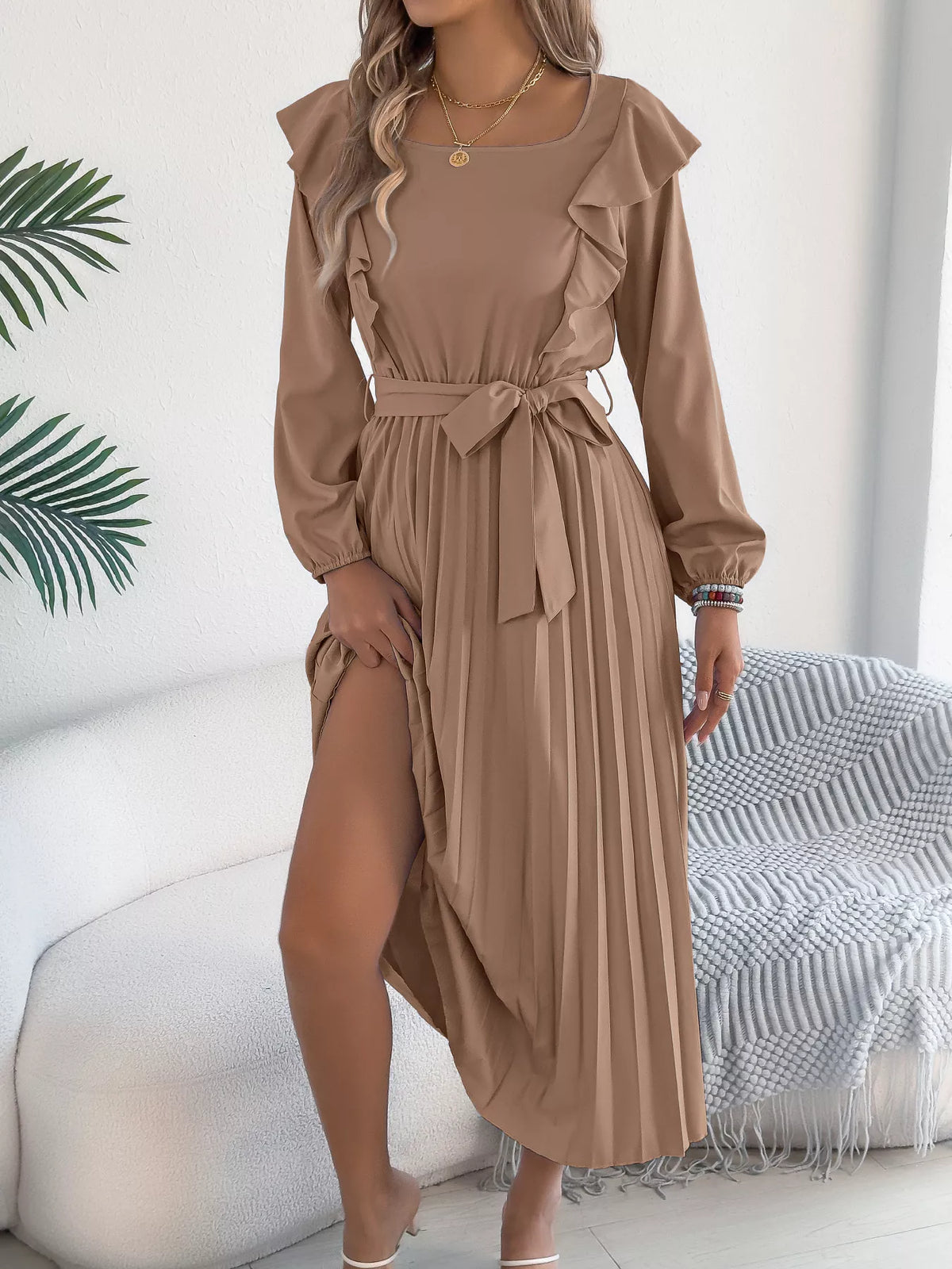 Ruffled Pleated Midi Dress with Waist Tie, view 12