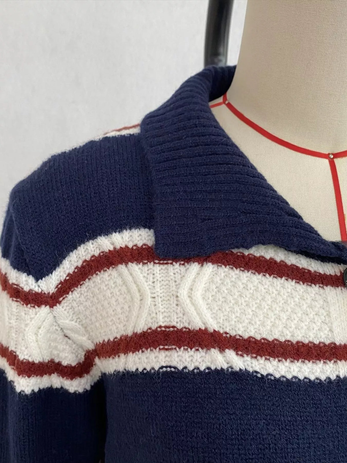 Vintage-Inspired Striped Knit Cardigan with Polo Collar, view 6