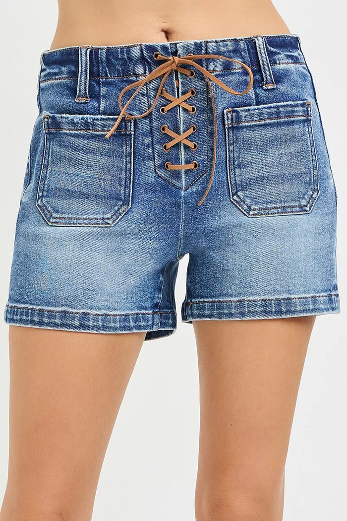 RISEN High Rise Front Tie Up Shorts with Patch Pockets - Lilixa.store