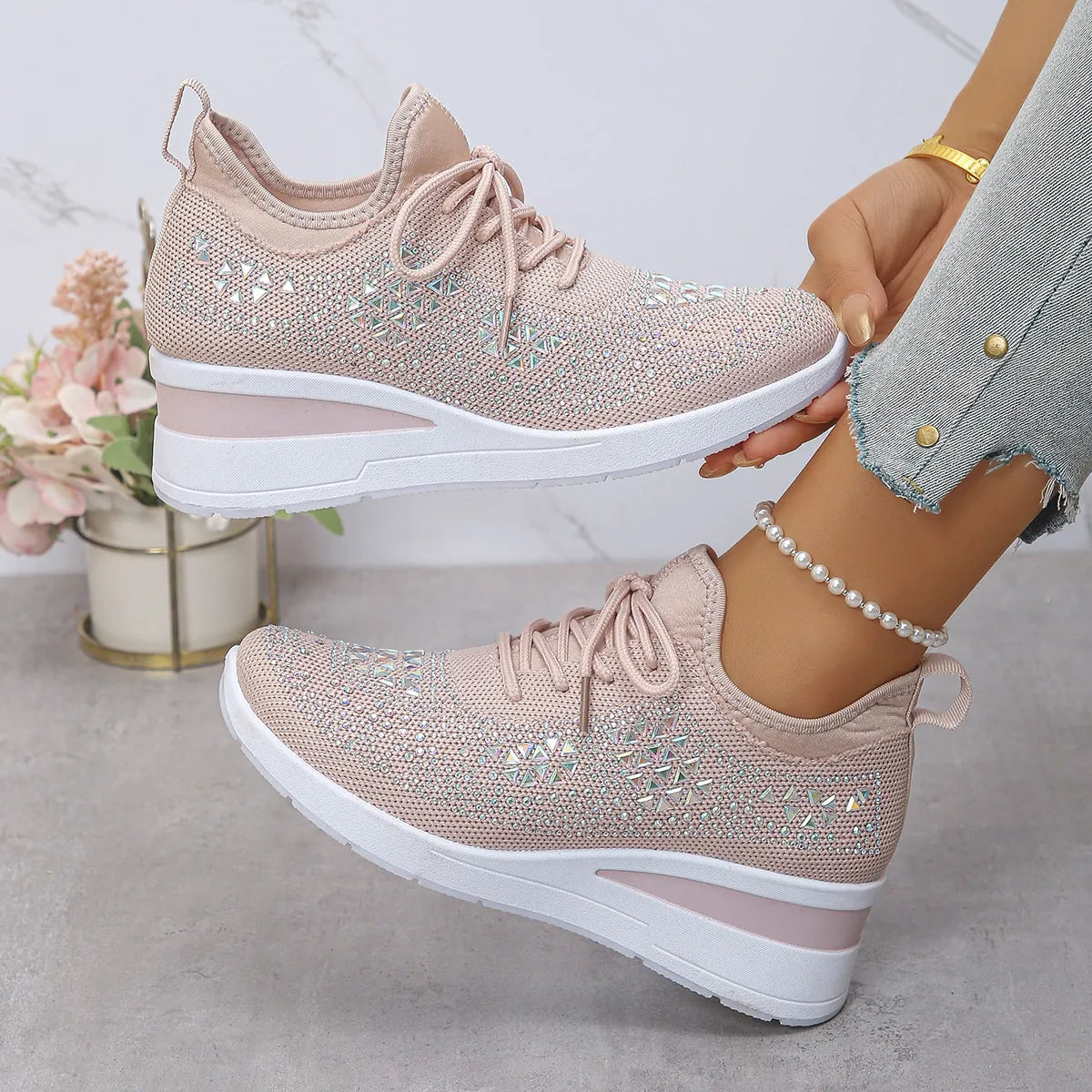 Breathable Mesh Rhinestone Wedge Athletic Sneakers - Lilixa.store
