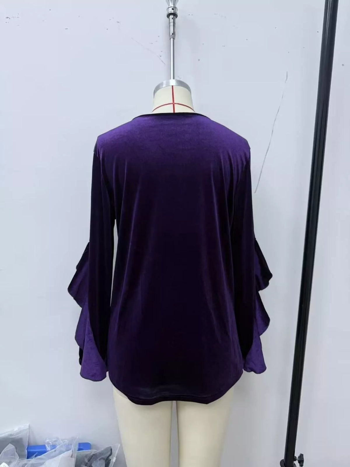 Velvet Round Neck Ruffle Sleeve Top - Lilixa.store