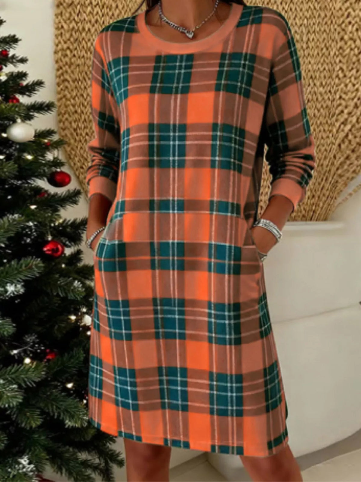 Full Size Plaid Long Sleeve Crew Neck Dress with Pockets Plus Size in Orange