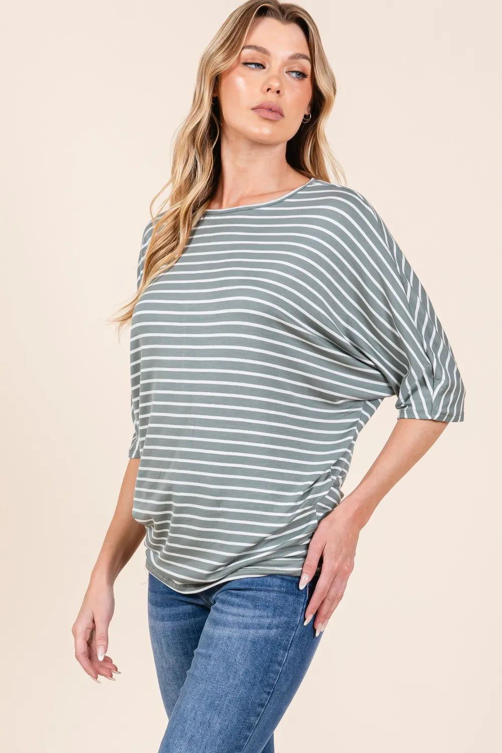BOMBOM Striped Boat Neck Dolman Sleeve Top - Lilixa.store