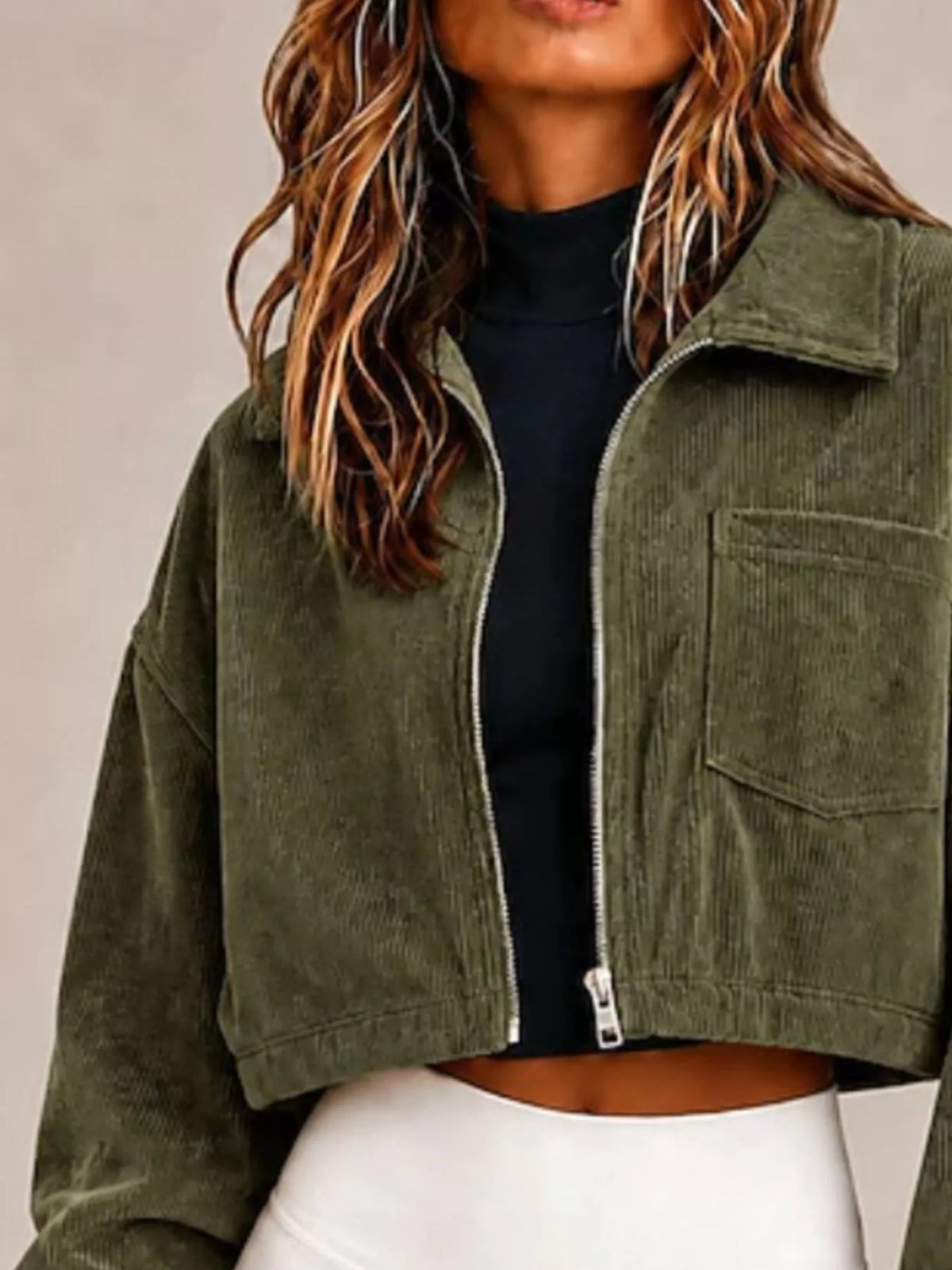 Corduroy Zip Up Cropped Jacket