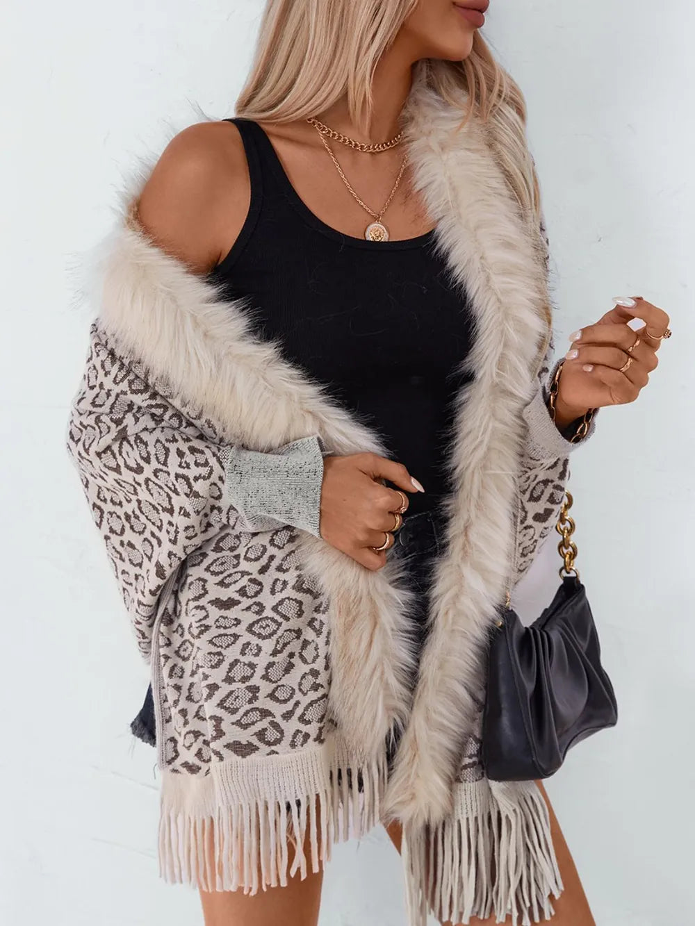 Fringe Leopard Open Front Long Sleeve Poncho, view 3