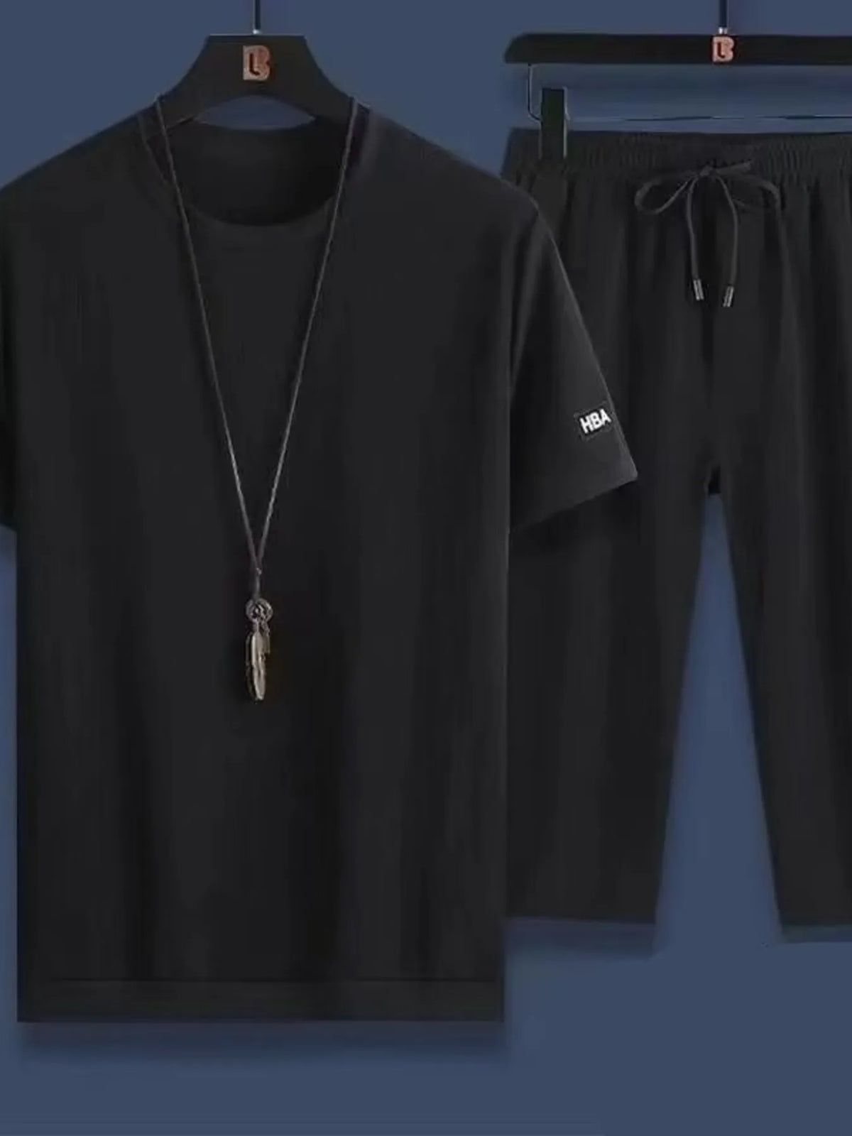 Men's Plus Size Round Neck Short Sleeve Top and Shorts Set in Black