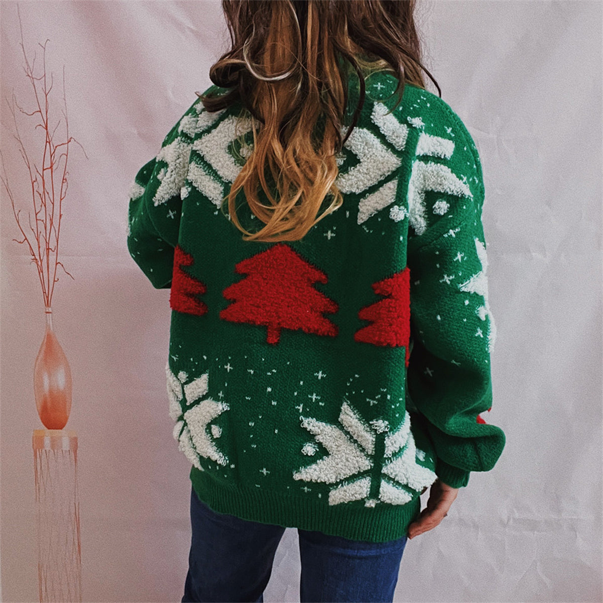 Snowflake Round Neck Long Sleeve Sweater, view 7