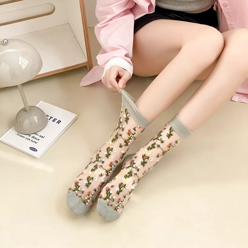 Floral Sheer Crew Socks 5 Pair Set