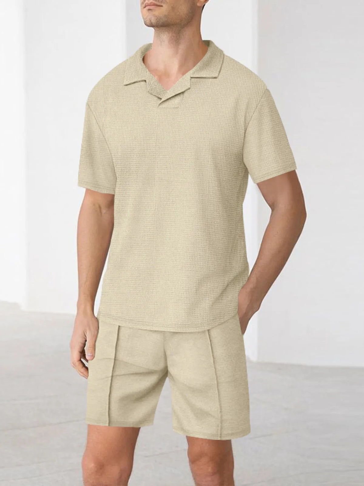 Men's Full Size Short Sleeve Top and Shorts Matching Set Plus Size in Khaki