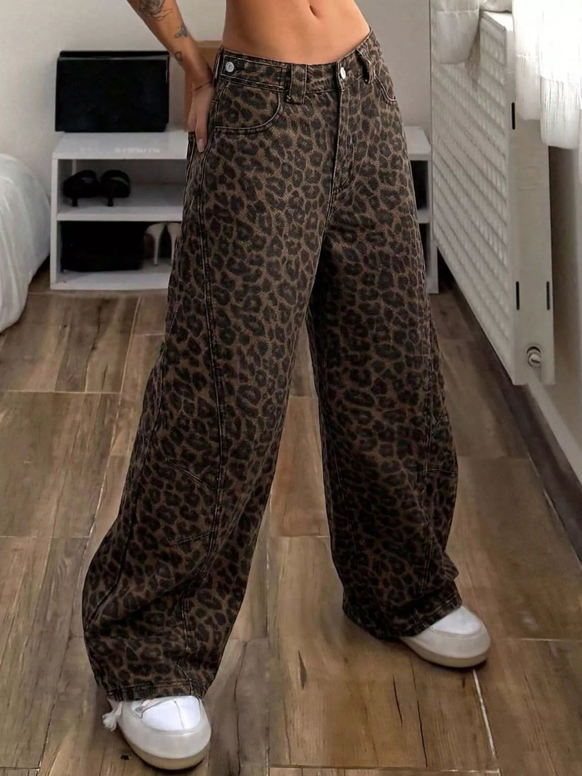 High-Waisted Leopard Wide-Leg Jeans