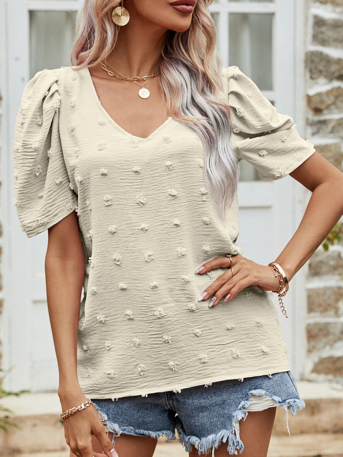 Swiss Dot Short Puff Sleeve Top in Beige