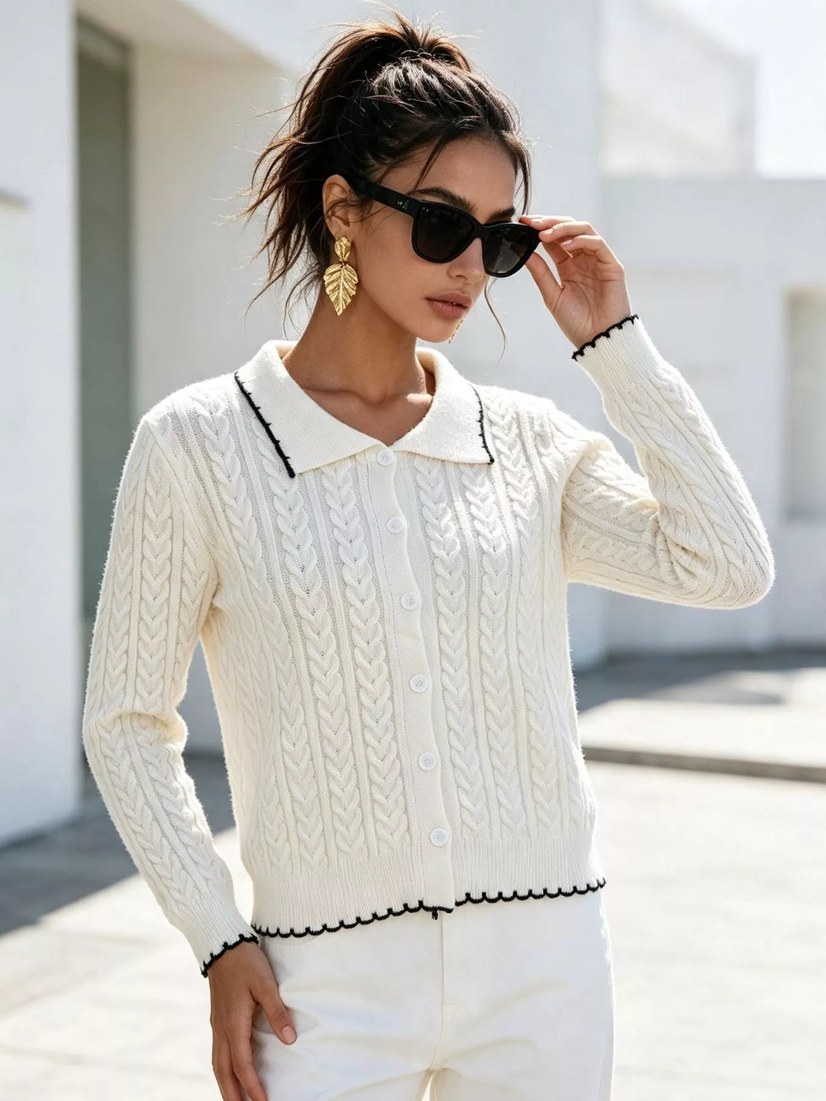 Cable Knit Polo Collar Button-Up Cardigan in White