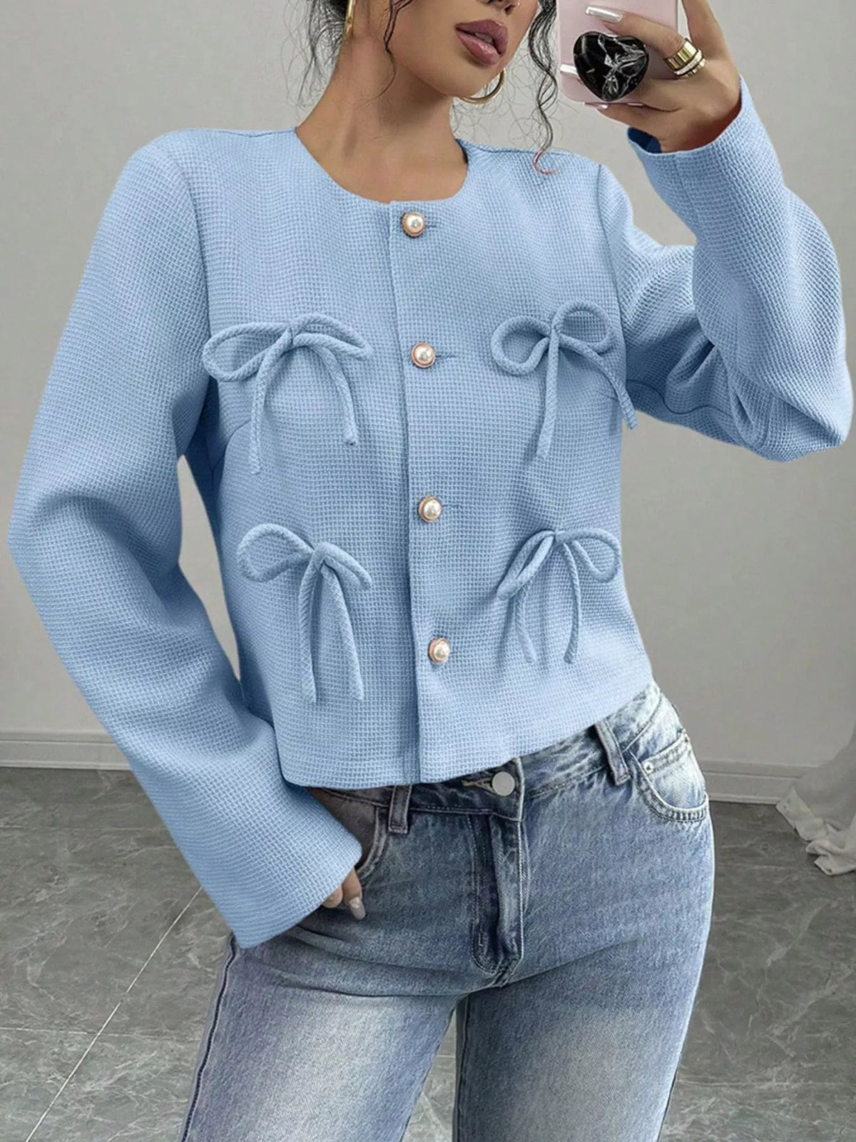 Bow Detail Cropped Outerwear in Blue