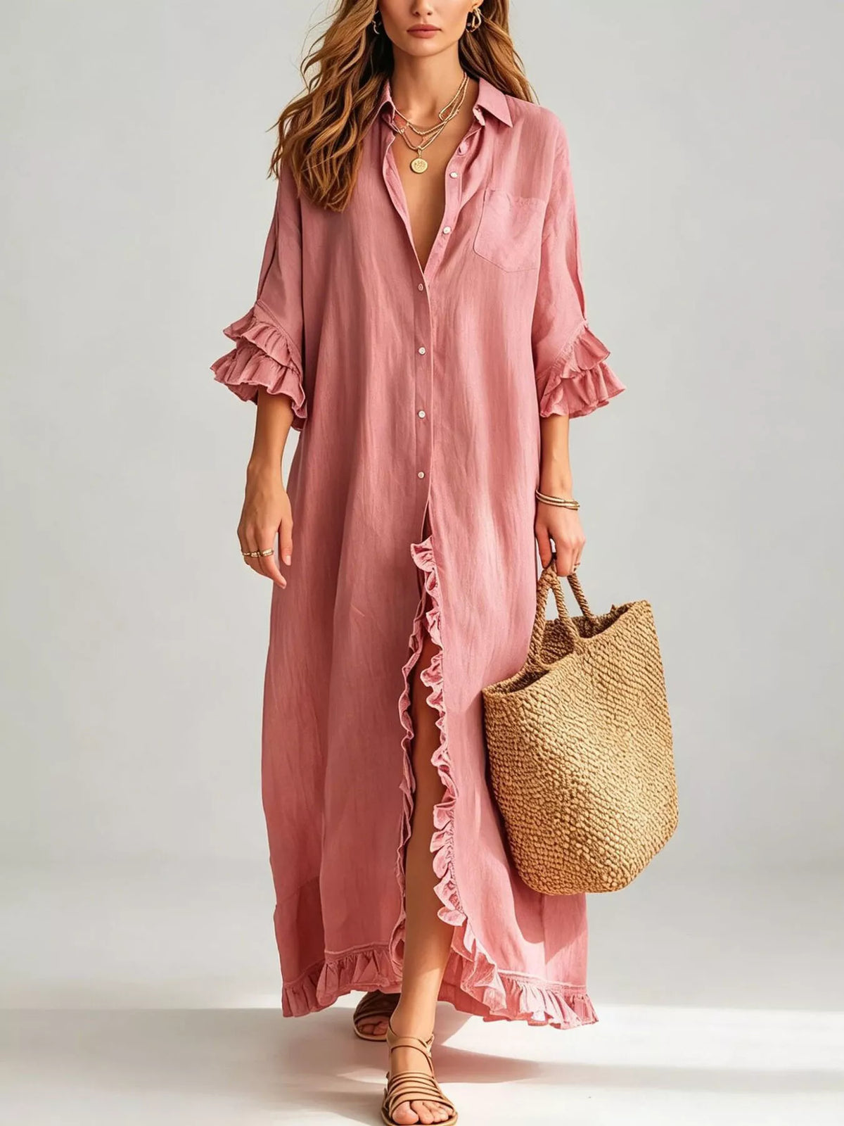 Full Size Ruffled Trim Button-Down Maxi Shirt Dress Plus Size