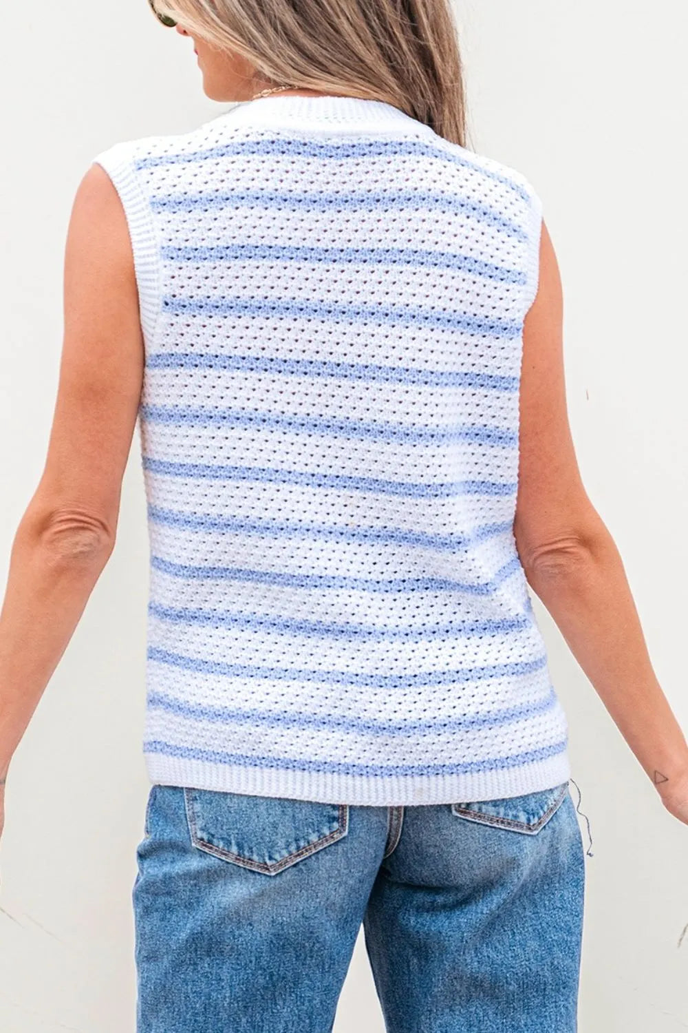 Stripe V Neck Gold Buttons Elegant Sweater Vest - Lilixa.store