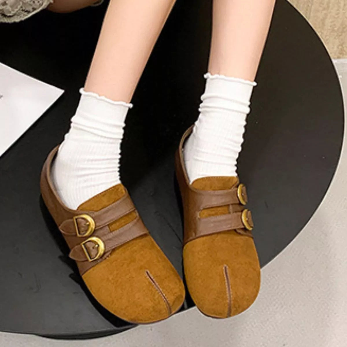 Split Toe Double Buckle Slip-Ons