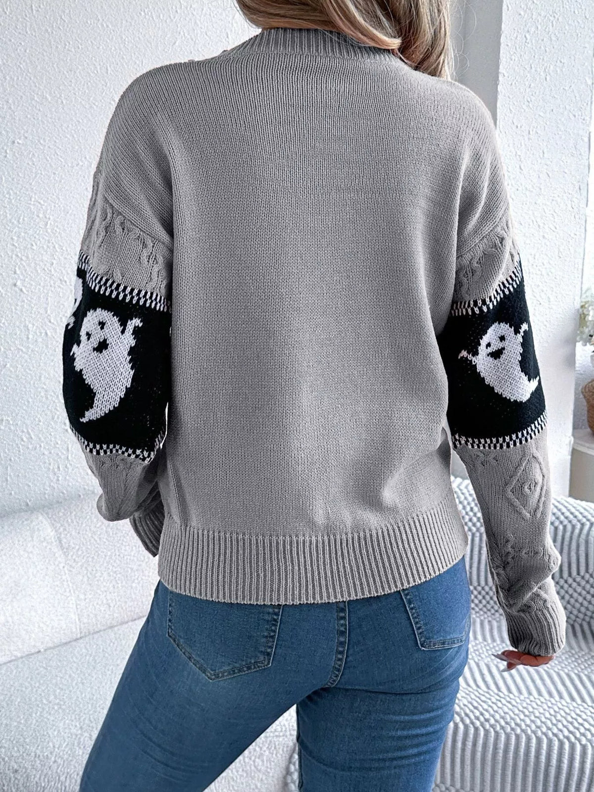 Halloween Ghost Pattern Textured Sweater - Lilixa.store
