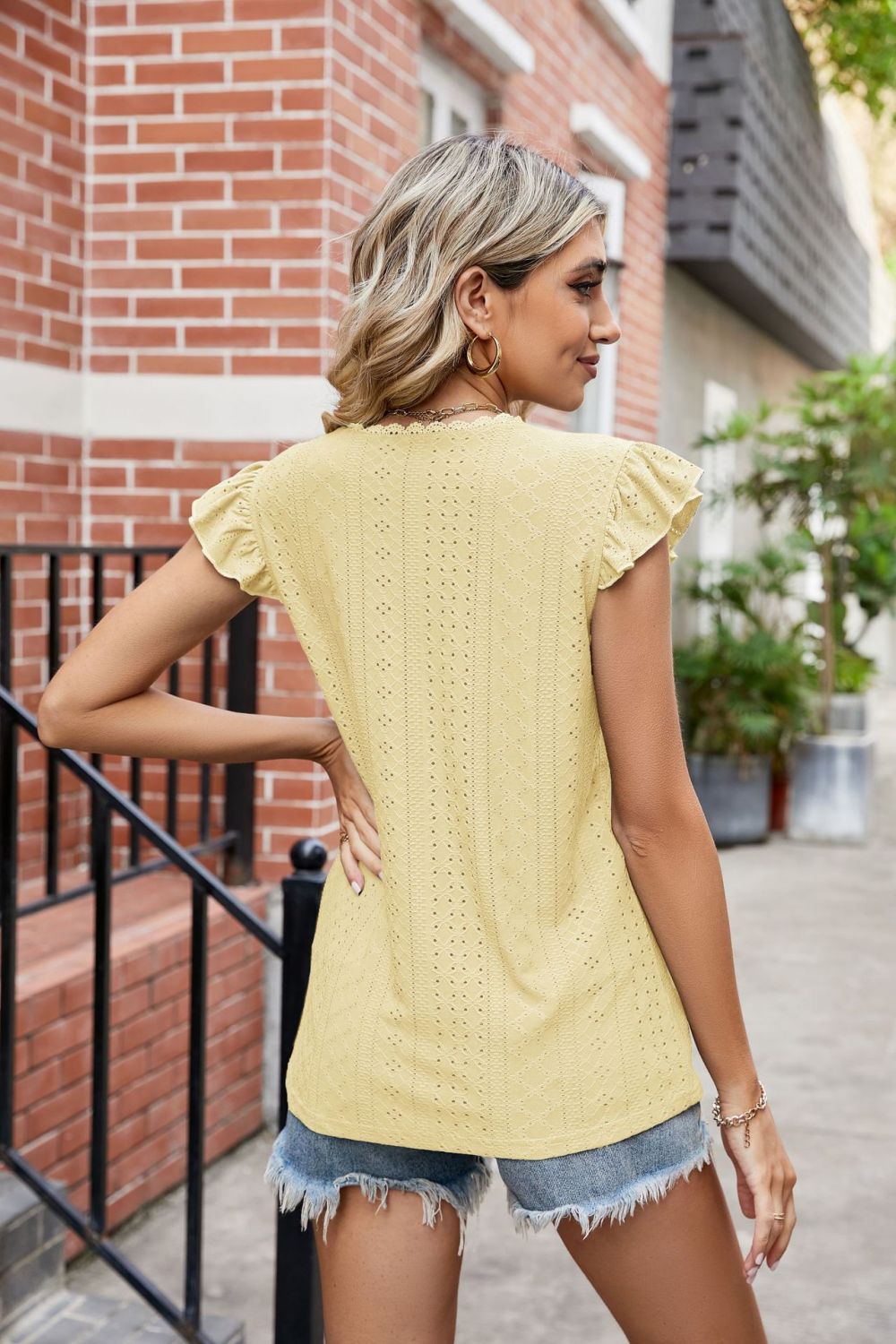 Eyelet Flutter Sleeve Scalloped V-Neck Top - Lilixa.store