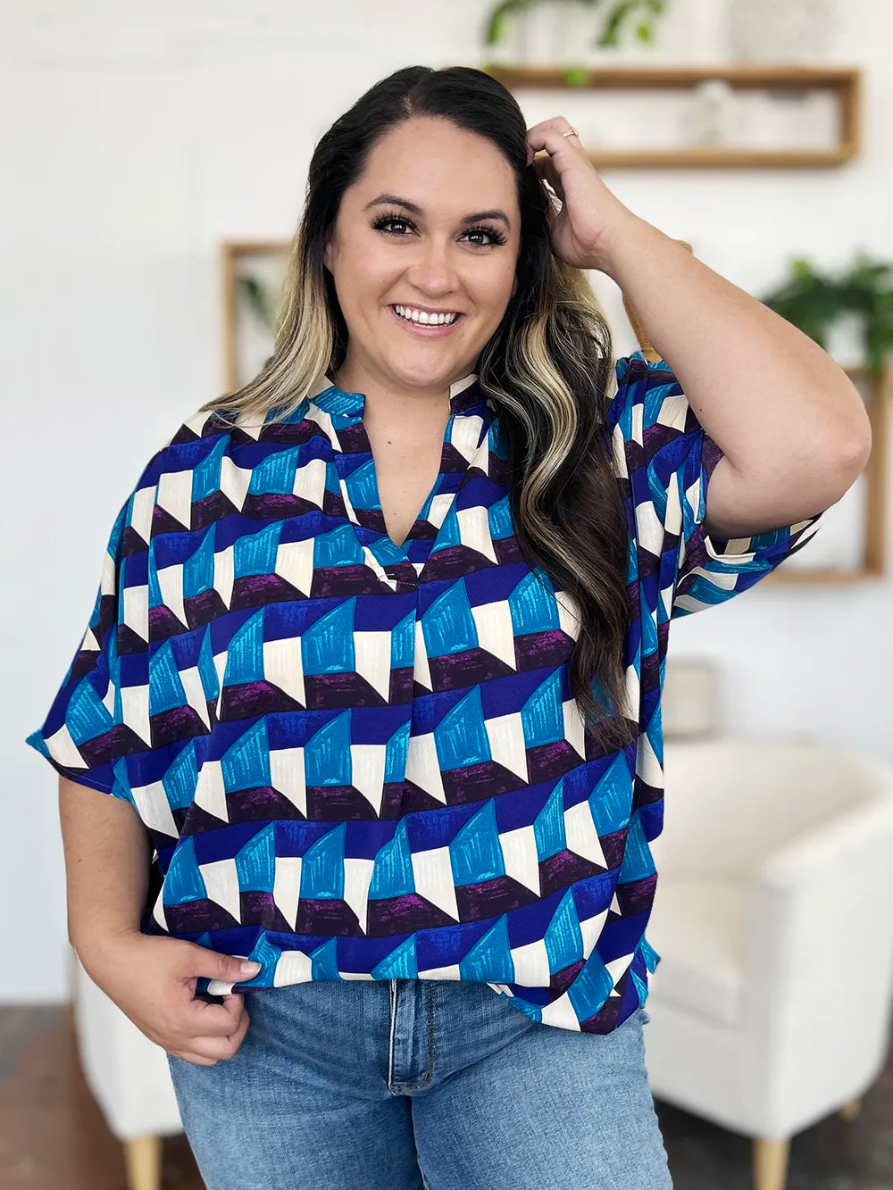 Double Take Full Size Geometric Notched Half Sleeve Blouse - Lilixa.store