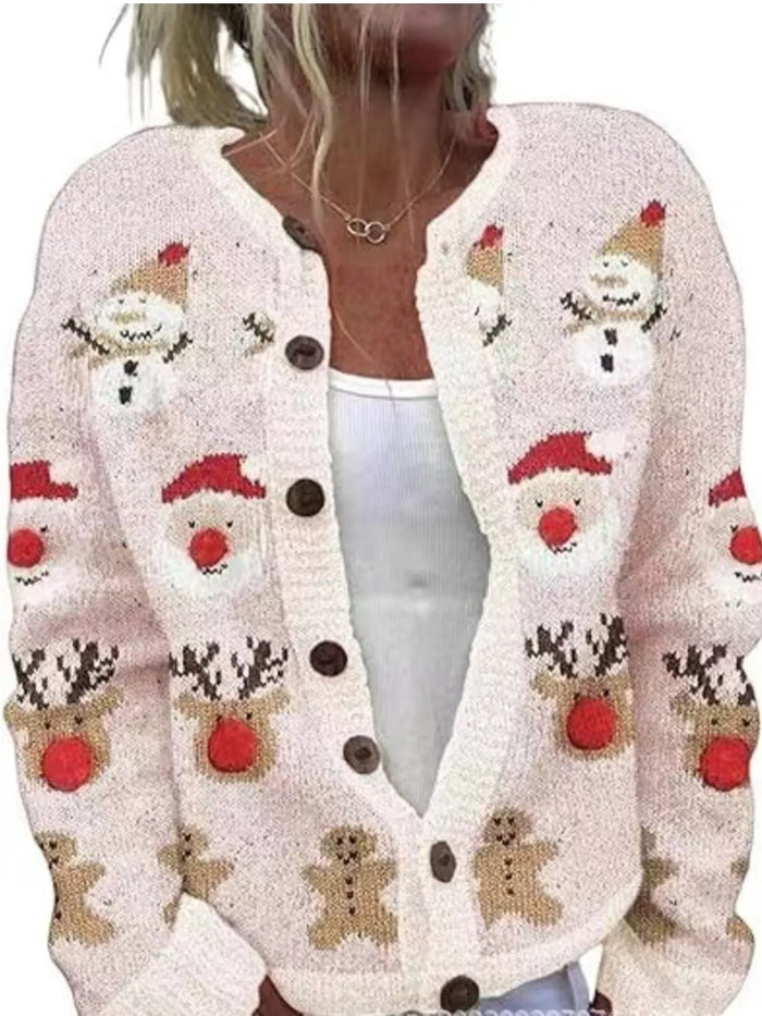 Full Size Festive Christmas Pattern Knit Cardigan with Button-Down Closure Plus Size in Blush Pink