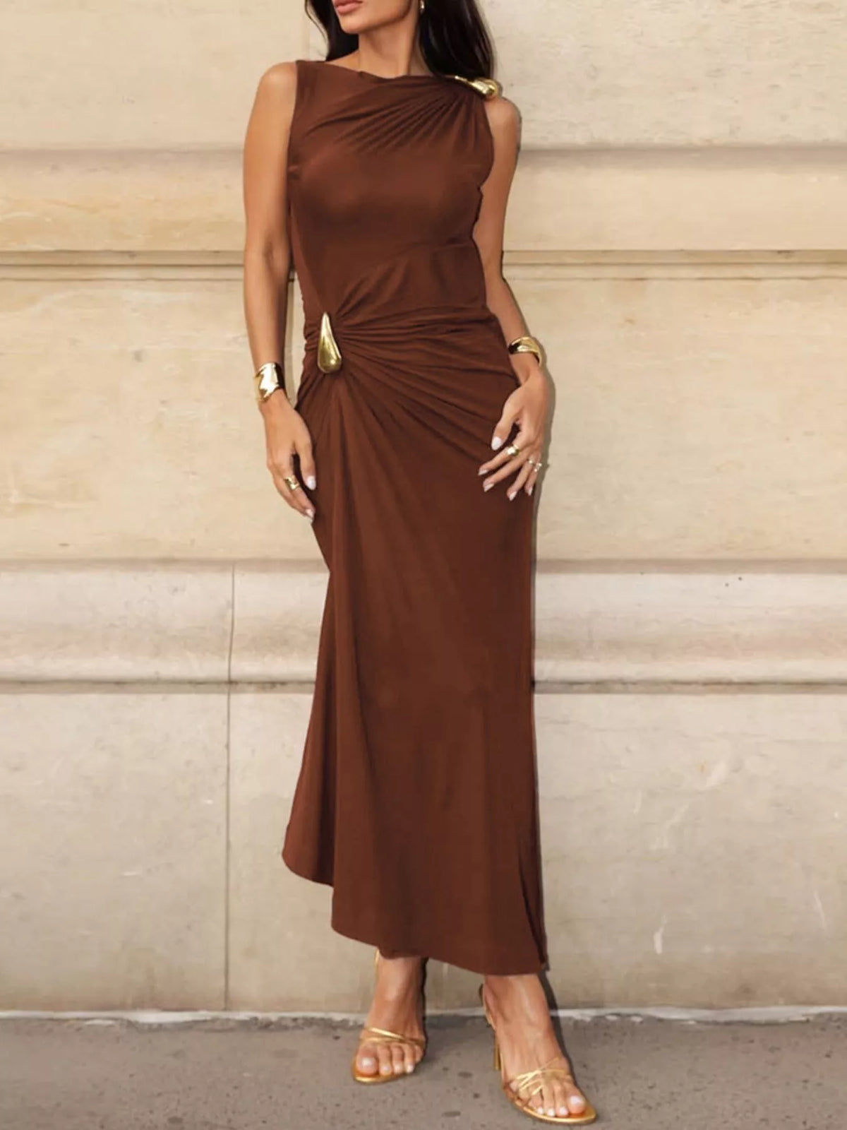 Draped Sleeveless Bodycon Maxi Dress with Metal Detail - Lilixa.store