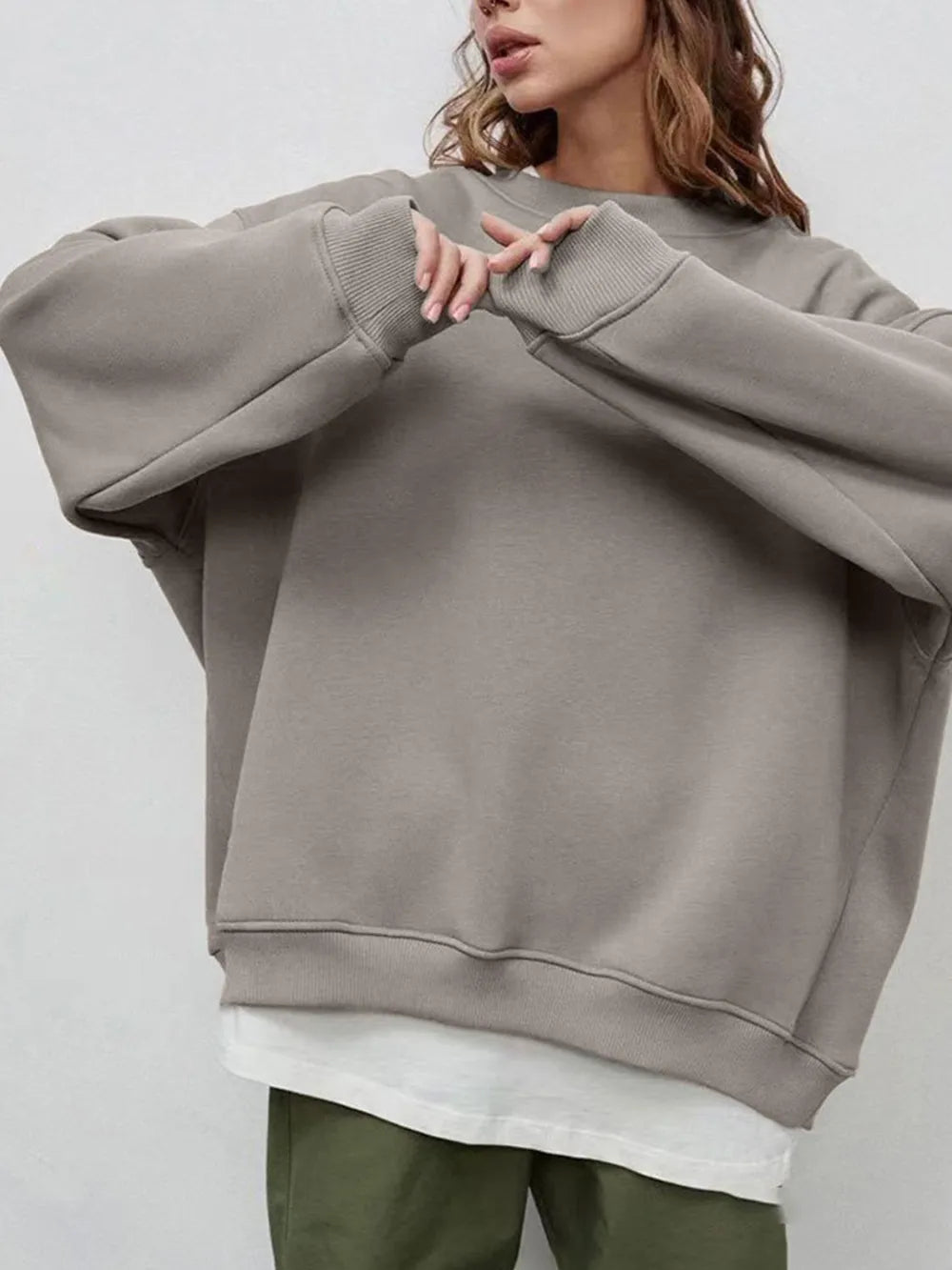 Round Neck Dropped Shoulder Long Sleeve Sweatshirt - Lilixa.store