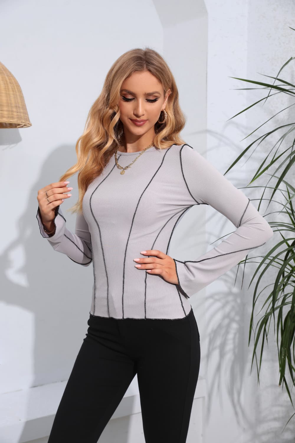 Ribbed Round Neck Long Sleeve Blouse, view 4