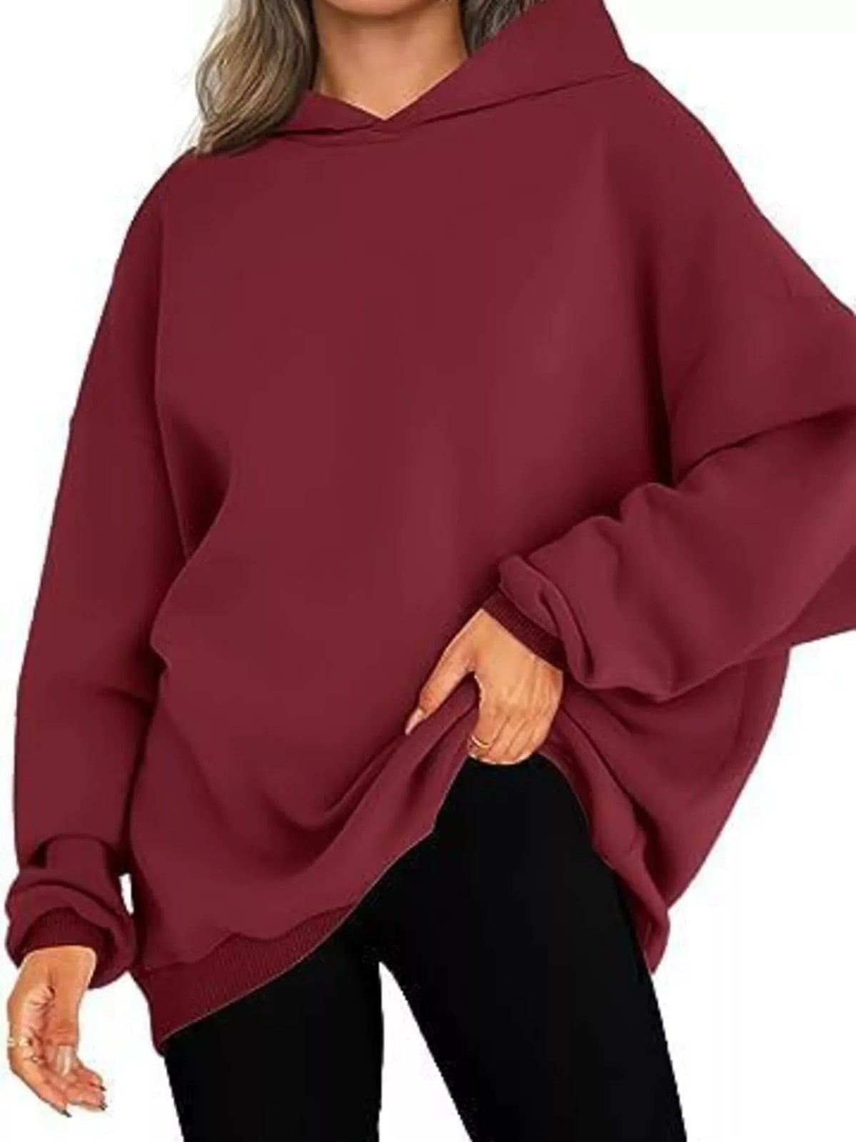 Drop Shoulder Long Sleeve Hoodie in Wine Red