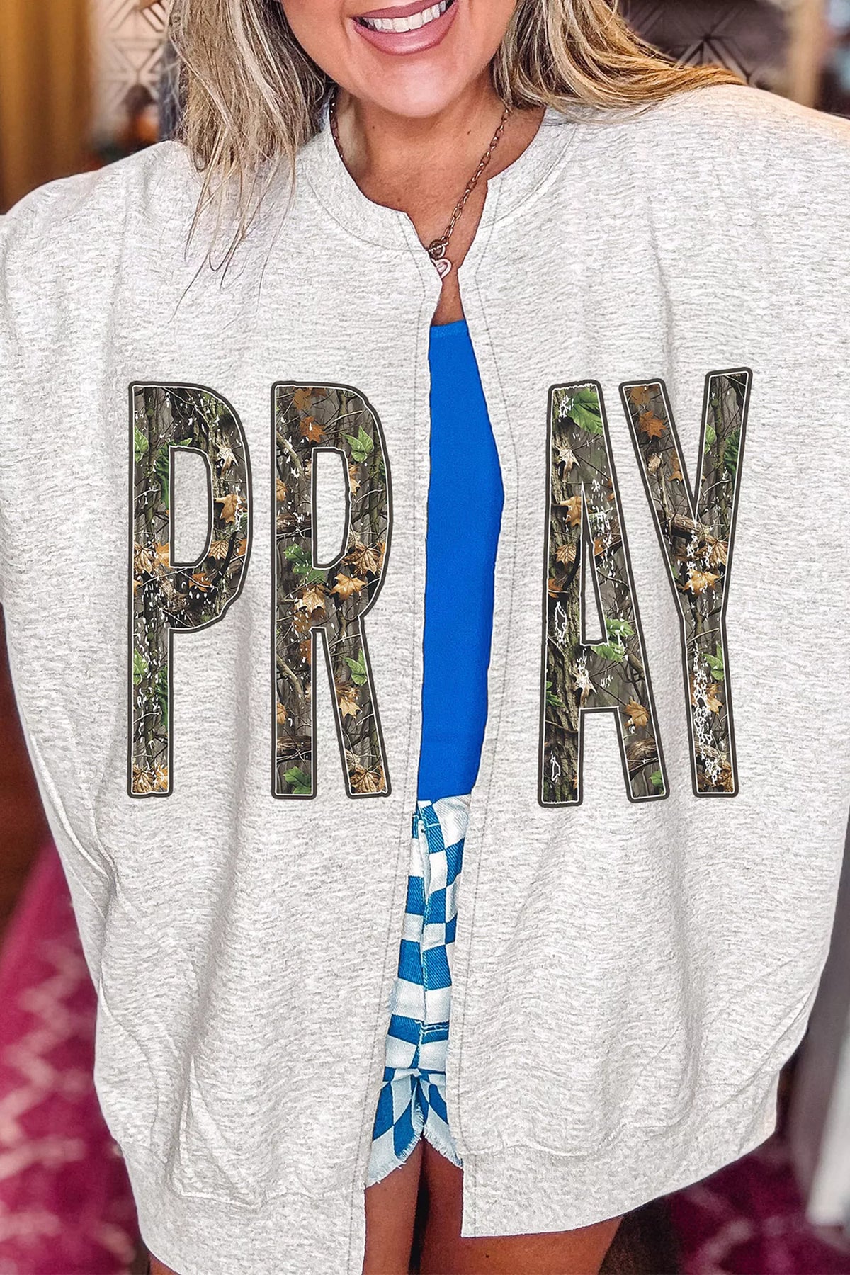 Camo Print PRAY Letter Open Front Tunic Sweatshirt