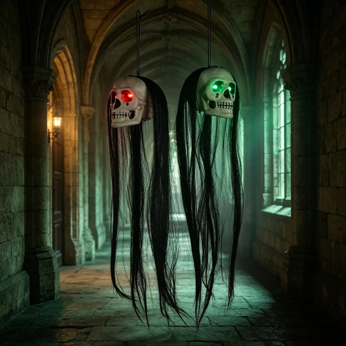 Halloween Hanging Dual-Skull with Glowing Eyes and Long Hair - Lilixa.store