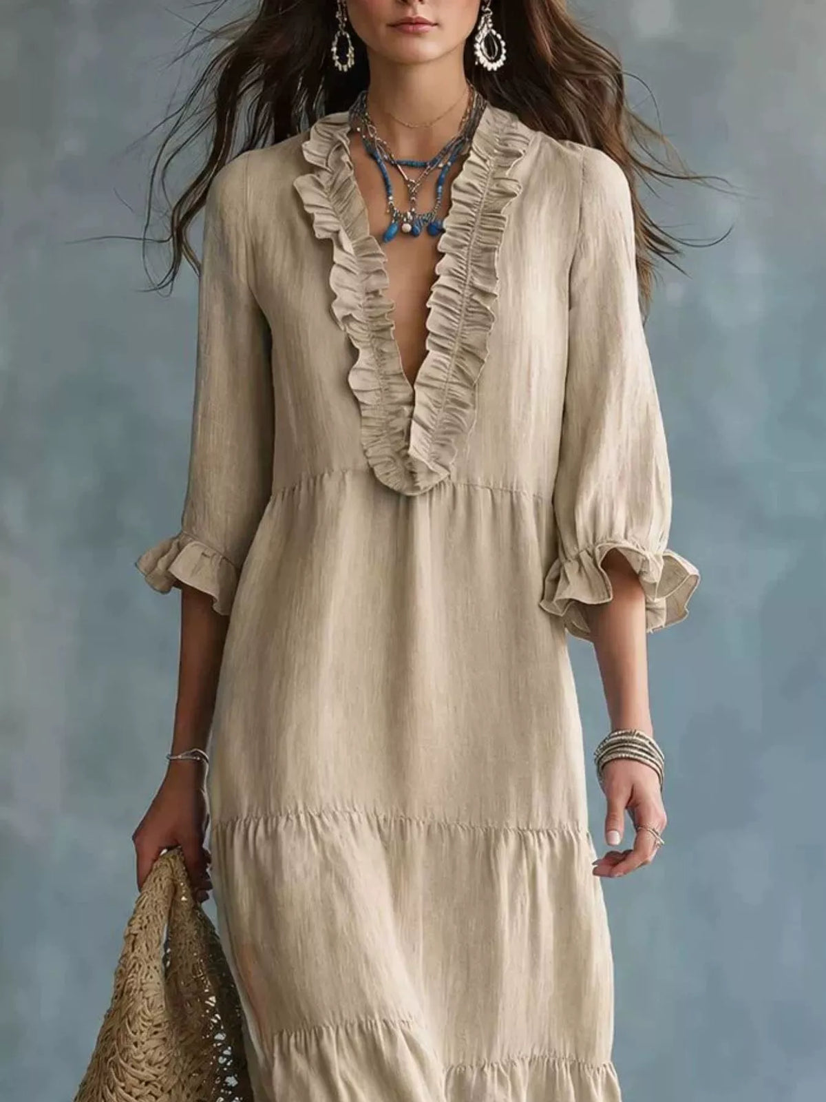 Ruffled V-Neck Tiered Maxi Dress - Lilixa.store