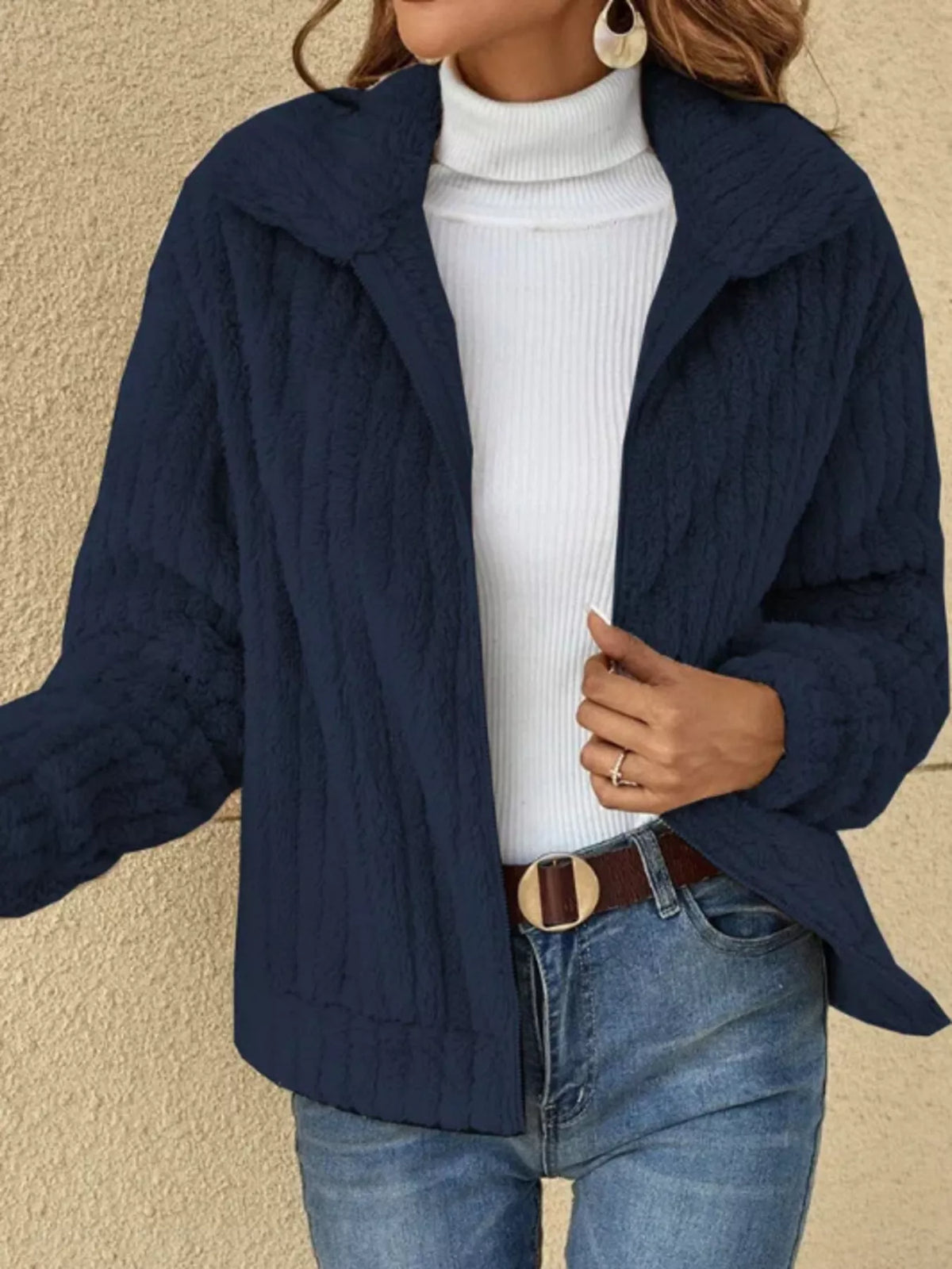 Full Size Zip-Up Long Sleeve Texture Jacket Plus Size in Dark Blue