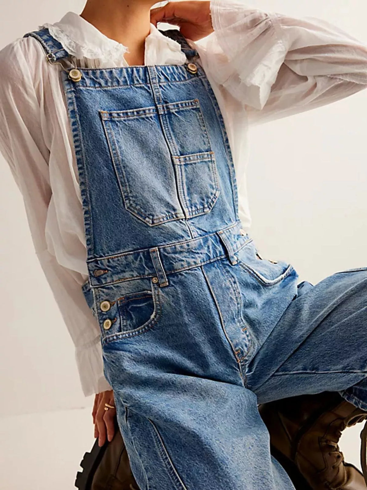 Wide Strap Wide Leg Denim Overalls, view 2