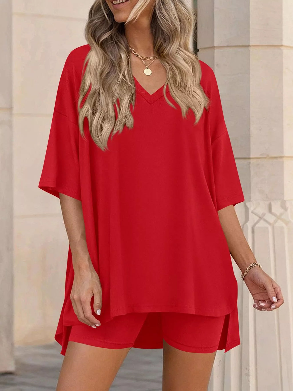 Full Size Casual Loose V-Neck T-Shirt & Shorts Set Plus Size - Lilixa.store