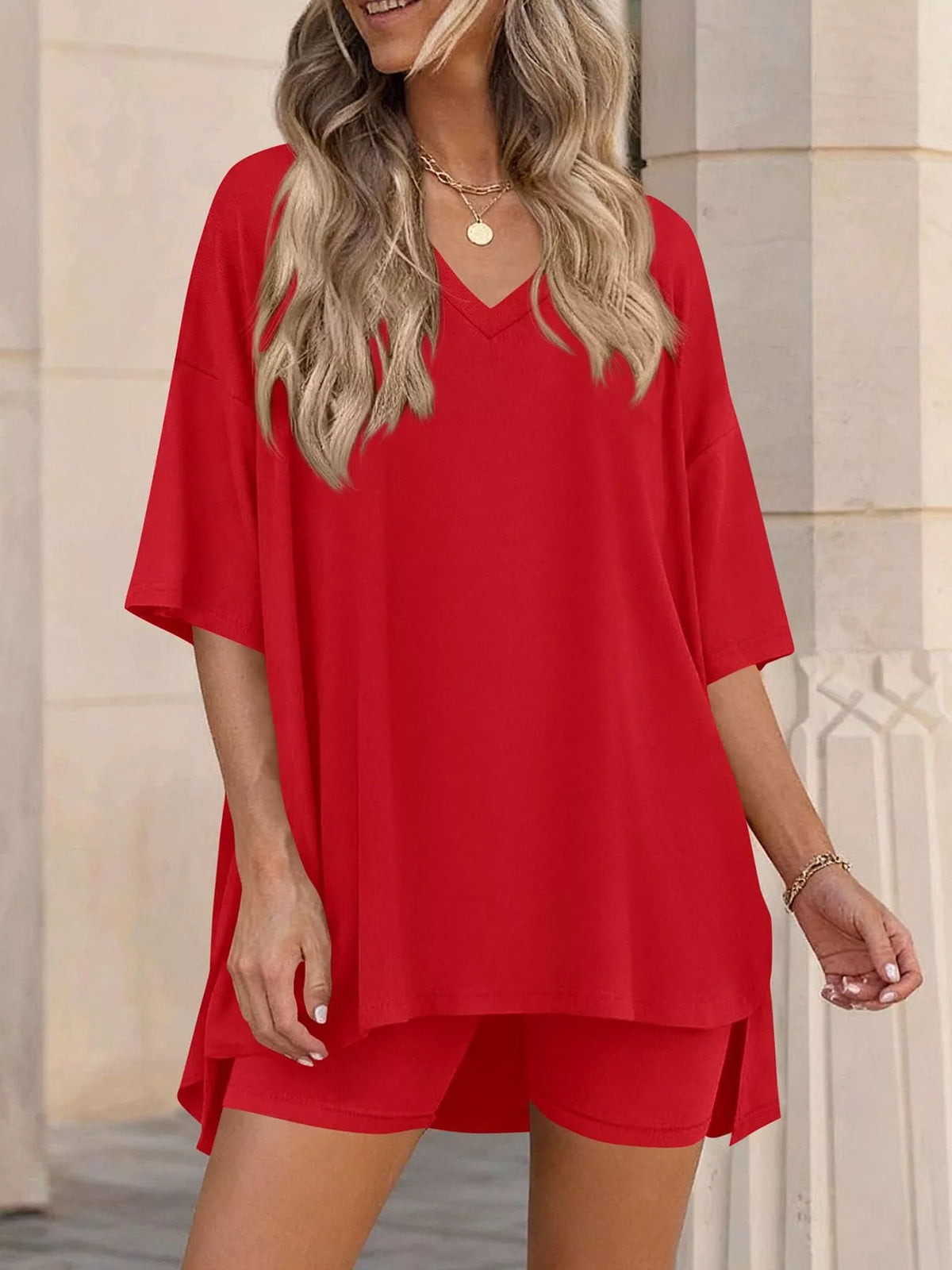 Full Size Casual Loose V-Neck T-Shirt & Shorts Set Plus Size - Lilixa.store