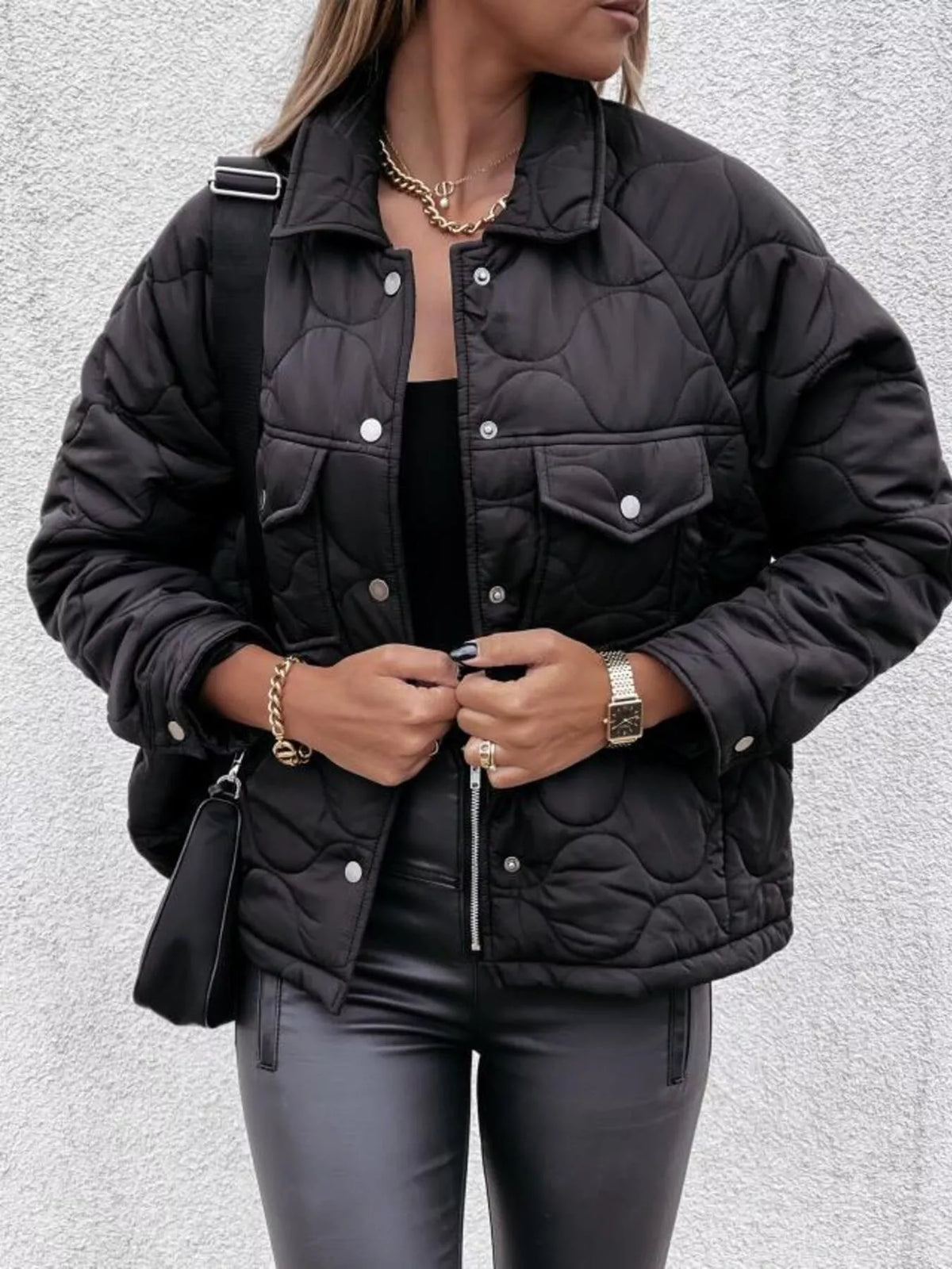 Quilted Snap-Down Casual Jacket in Black
