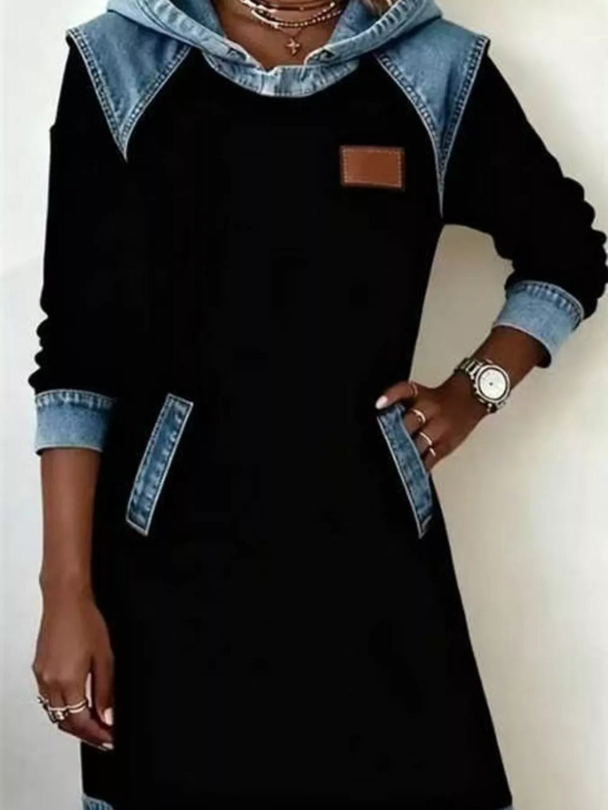 Full Size Denim Patchwork Hooded Sweatshirt Dress Plus Size - Lilixa.store