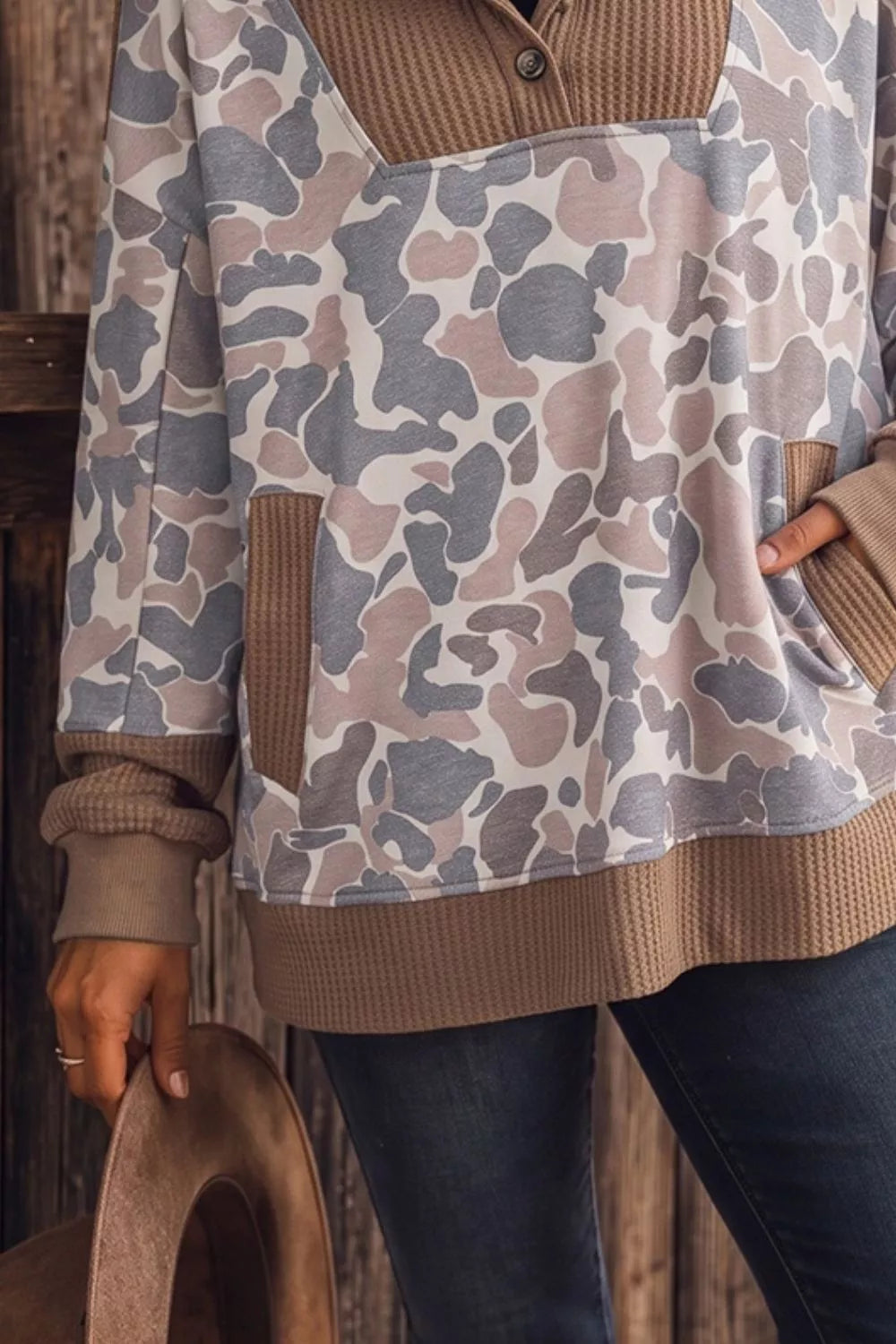 Camouflage Print Waffle Knit Patchwork Half Zip Hoodie - Lilixa.store