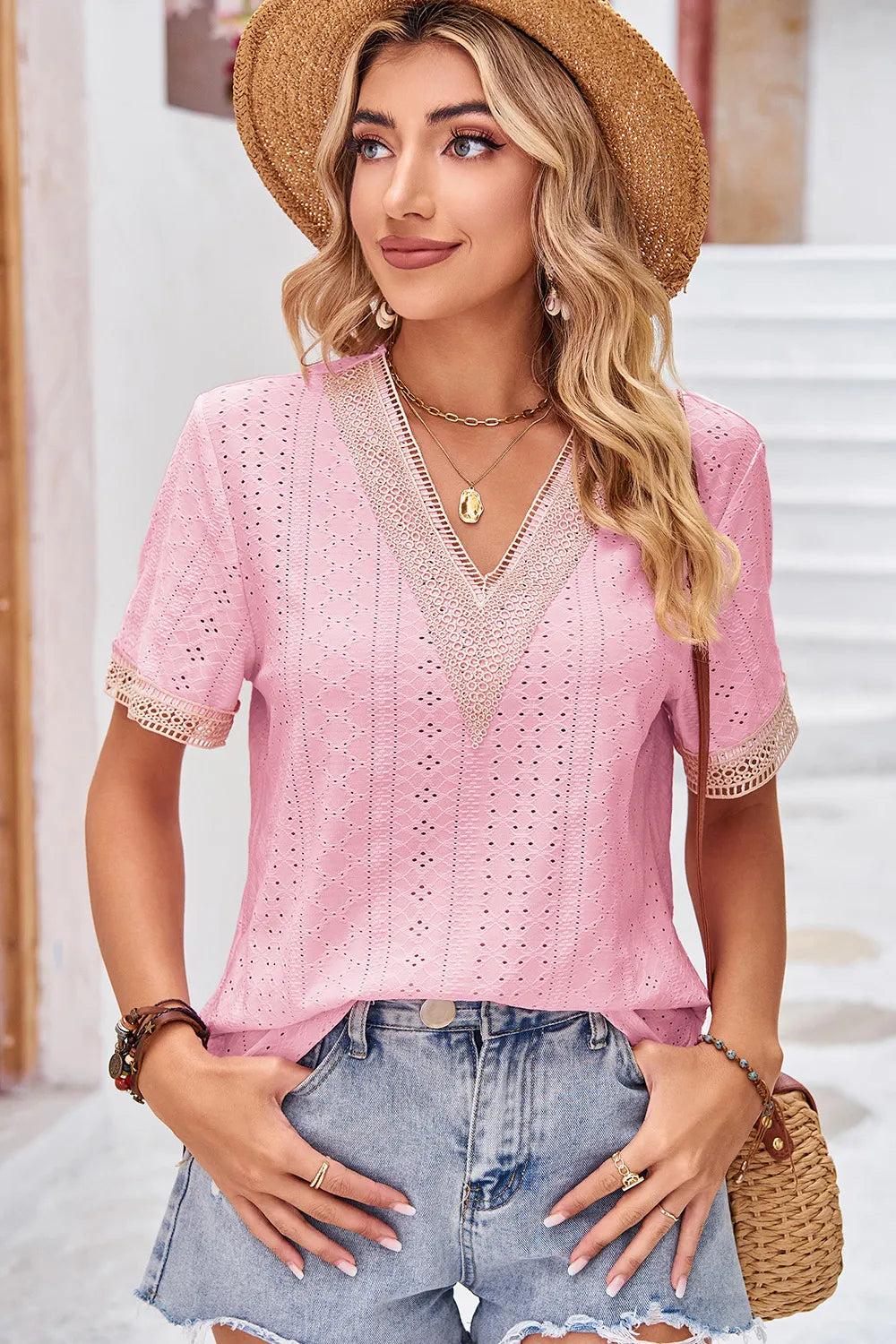 Eyelet V-Neck Short Sleeve T-Shirt - Lilixa.store