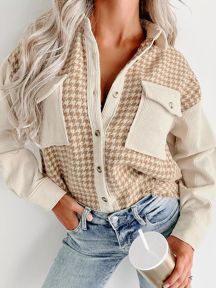 Houndstooth Button-Down Jacket in Beige