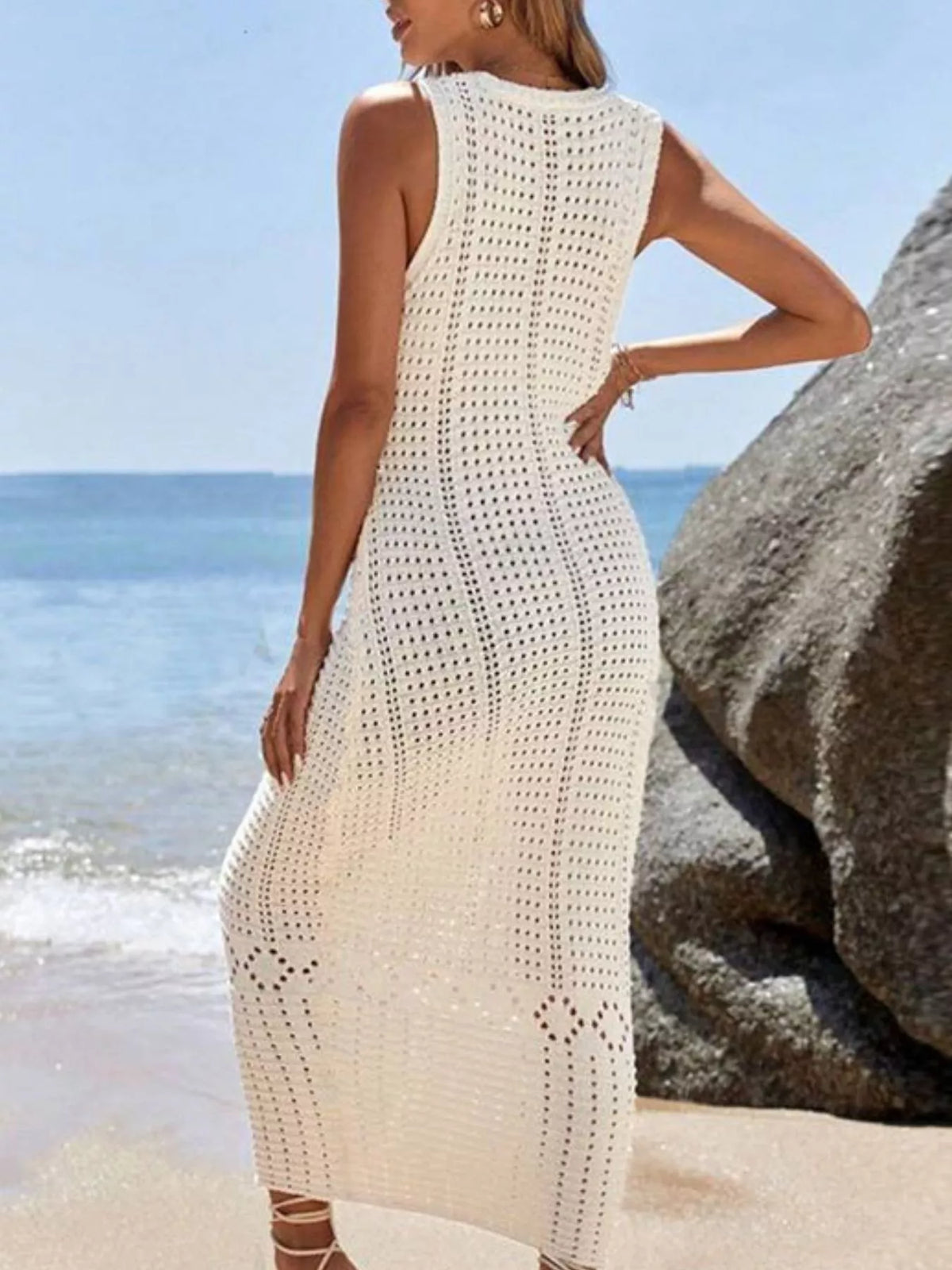 Sleeveless Crochet Knit Cover Up Maxi Dress - Lilixa.store