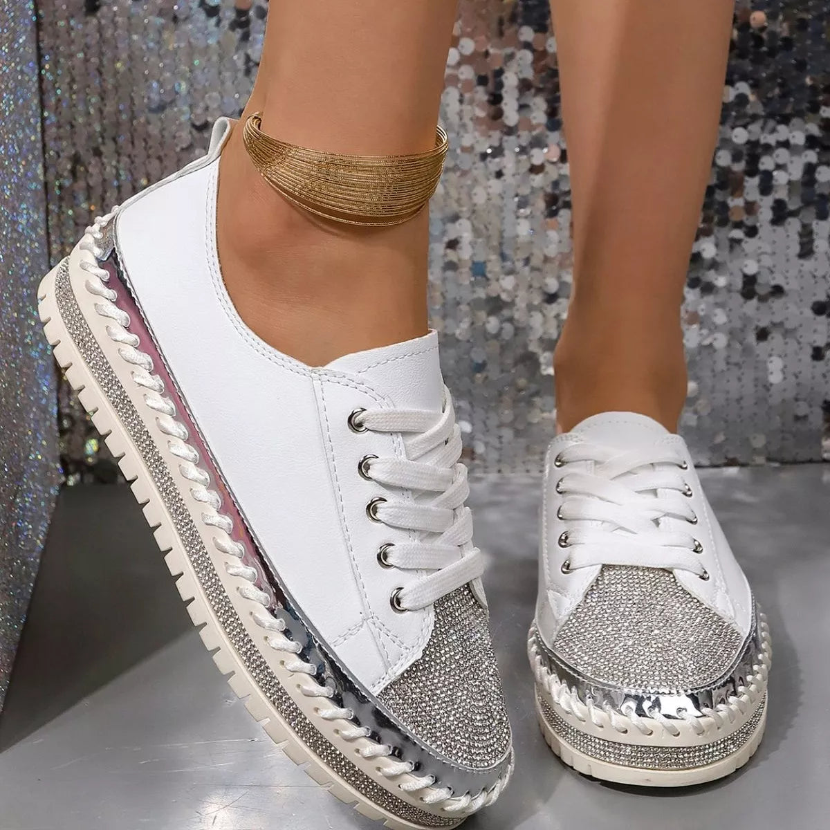 Rhinestone Round Toe Sneakers - Lilixa.store