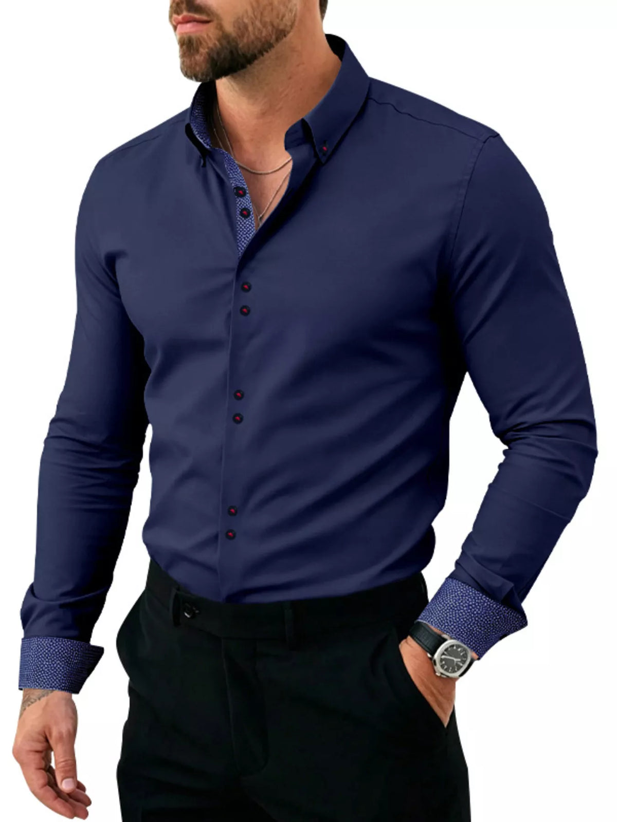 Men's Full Size Slim Fit Contrast Trim Shirt Plus Size - Lilixa.store