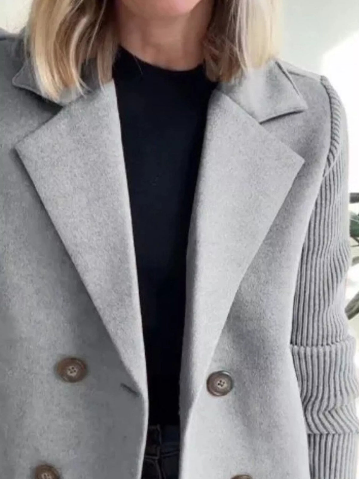 Full Size Knitted Sleeve Wool Blend Double-Breasted Blazer Plus Size - Lilixa.store