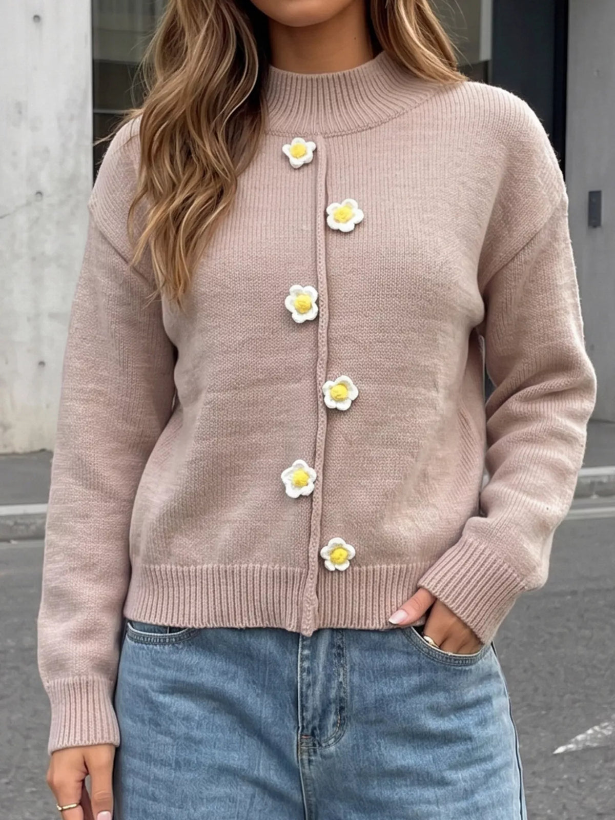 Floral Applique Turtleneck Sweater in Dust Storm