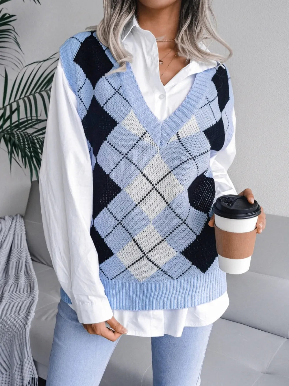Plaid V-Neck Sweater Vest - Lilixa.store