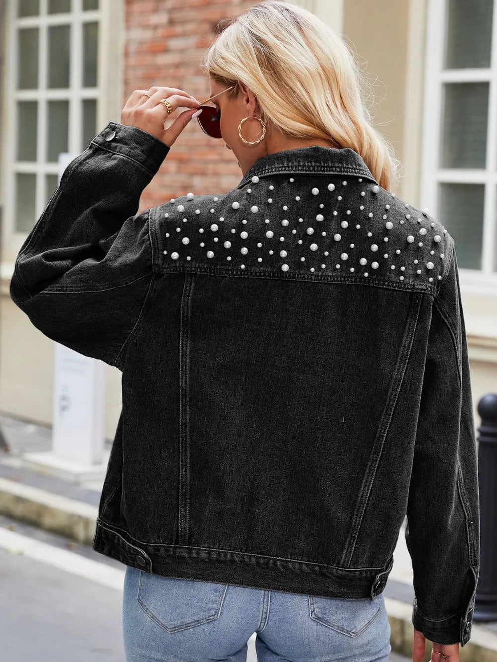 Pearl Detail Collared Neck Long Sleeve Denim Jacket in Black, view 2