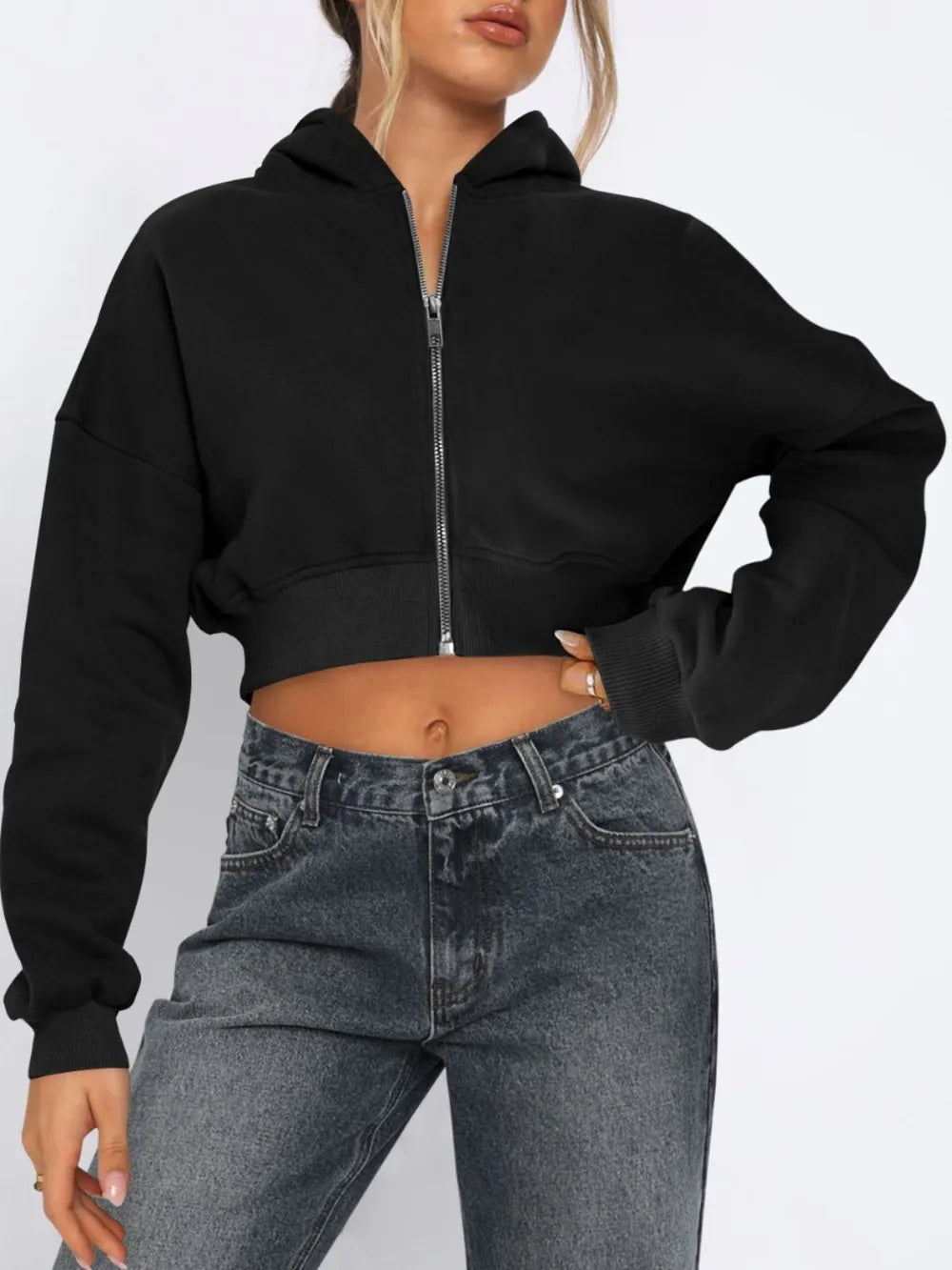 Zip Up Long Sleeve Hooded Cropped Jacket in Black